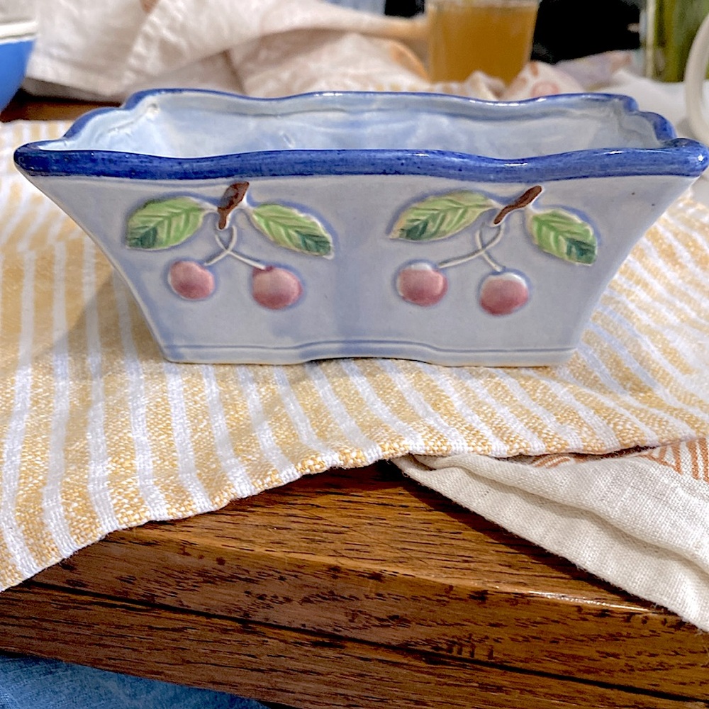 Vintage Japanese Rectangle Bowl. 6.5x4.25x2.5 in. Light blue w/cherries. Post’52